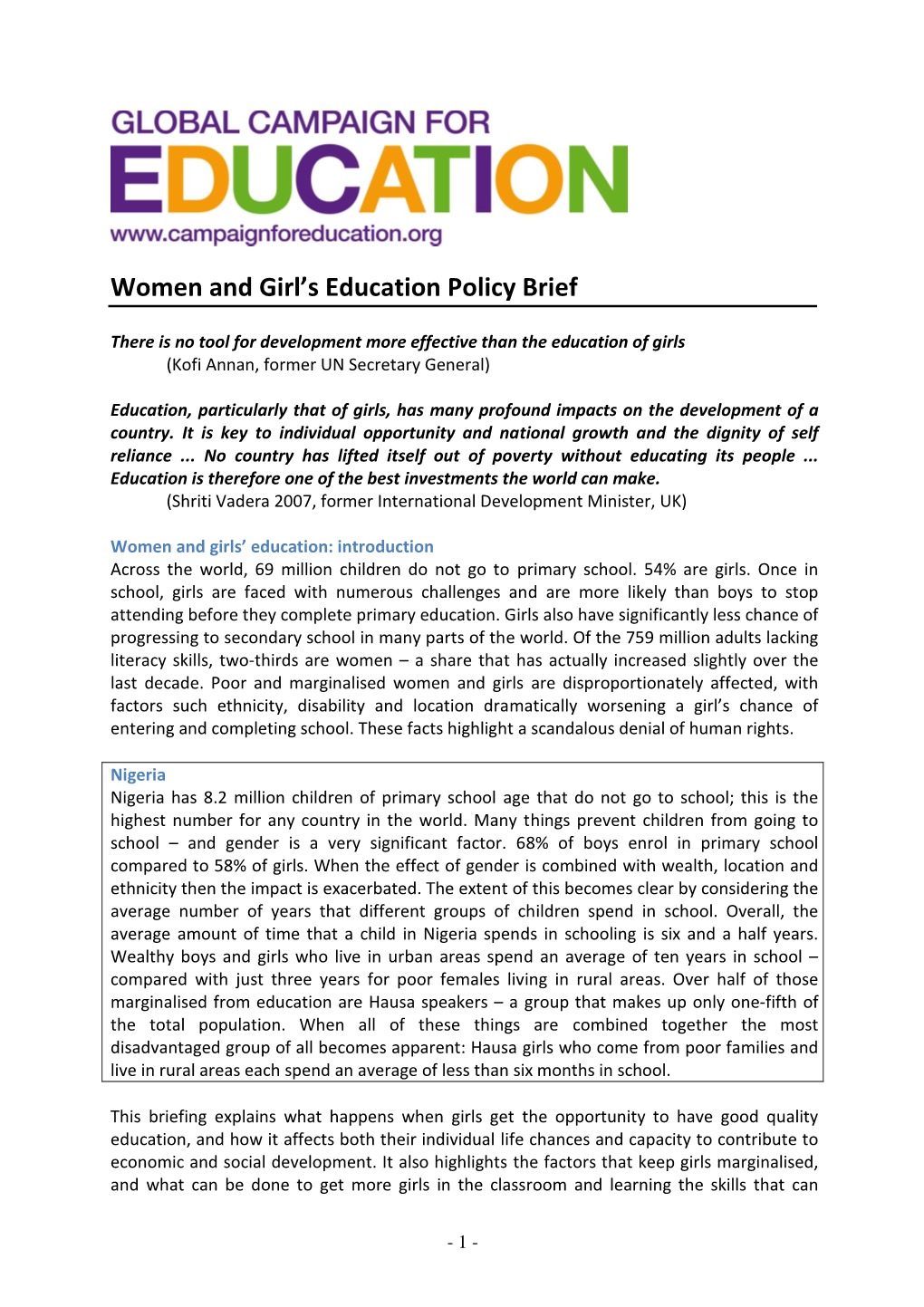 Women and Girl's Education Policy Brief