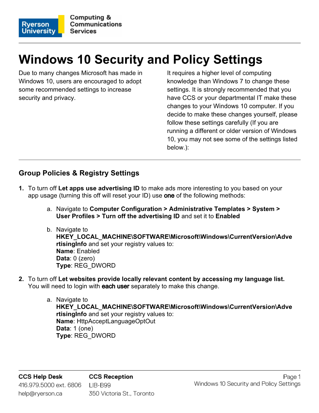 Windows 10 Security and Policy Settings