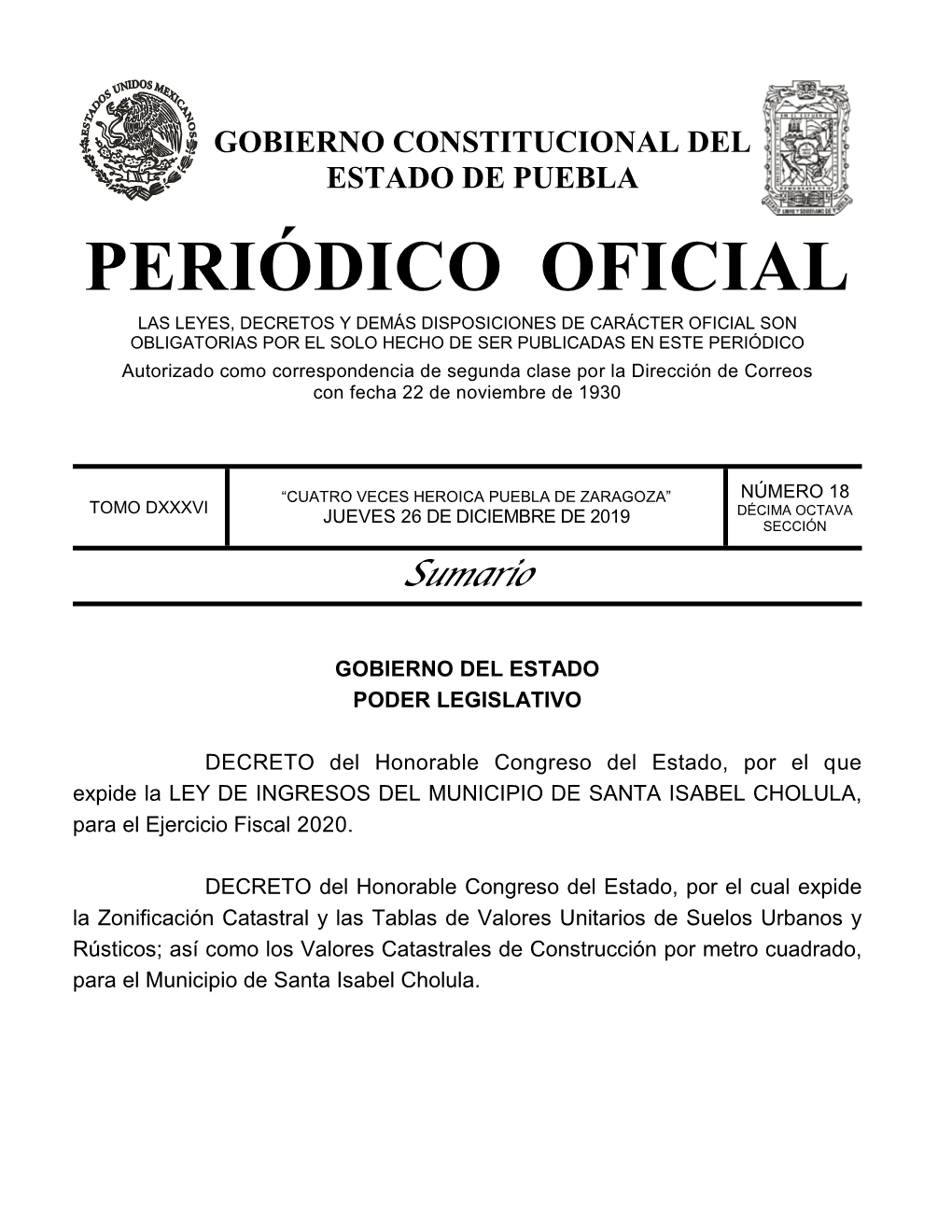 LEY DE INGRESOS DEL MUNICIPIO DE SANTA ISABEL CHOLULA , Para El Ejercicio Fiscal 2020