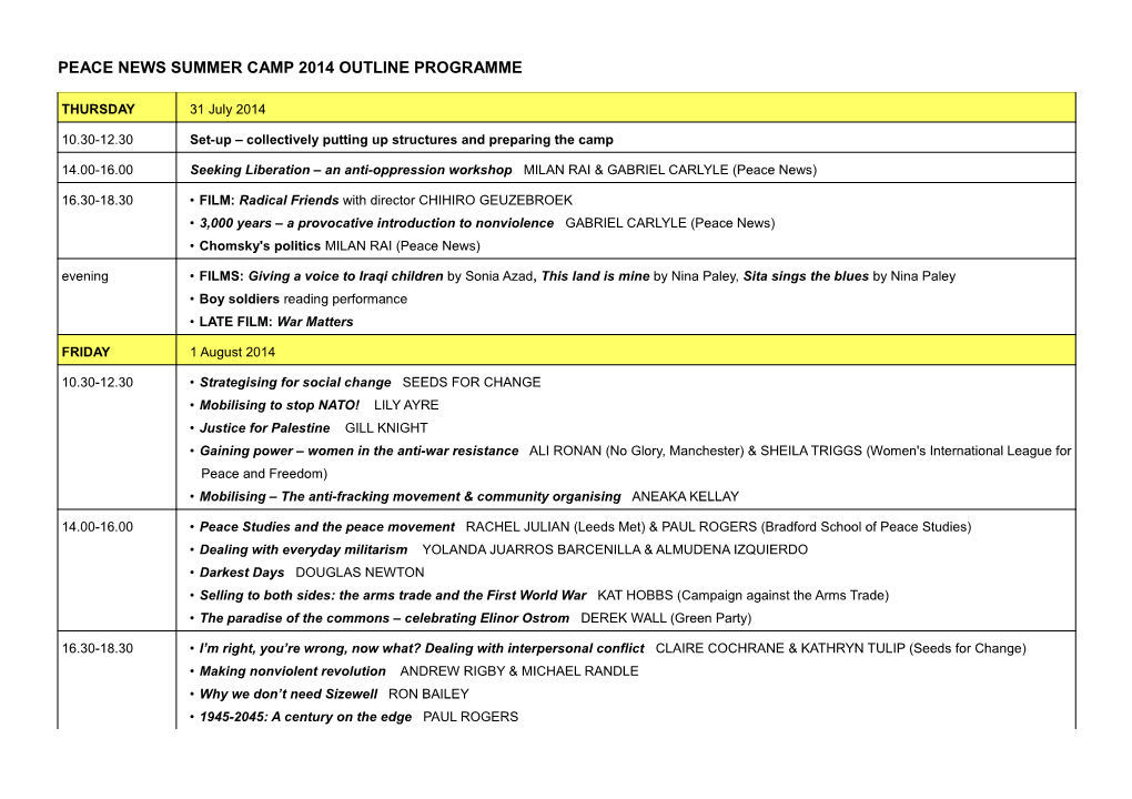 Peace News Summer Camp 2014 Outline Programme