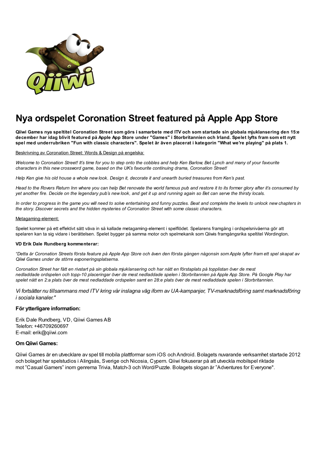 Nya Ordspelet Coronation Street Featured På Apple App Store