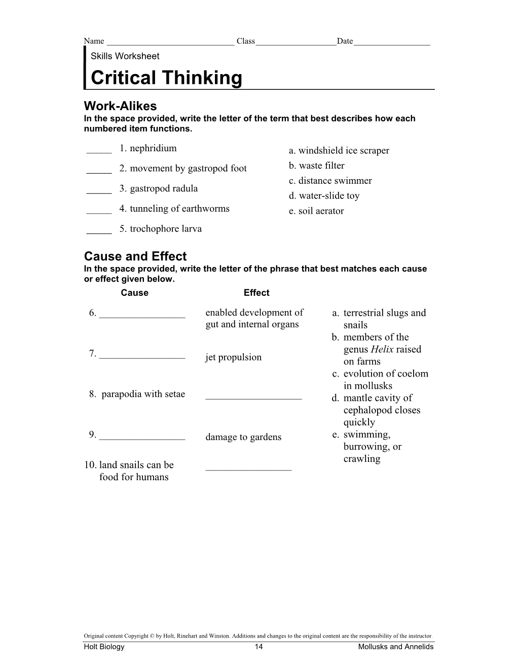 Critical Thinking Work-Alikes in the Space Provided, Write the Letter of the Term That Best Describes How Each Numbered Item Functions