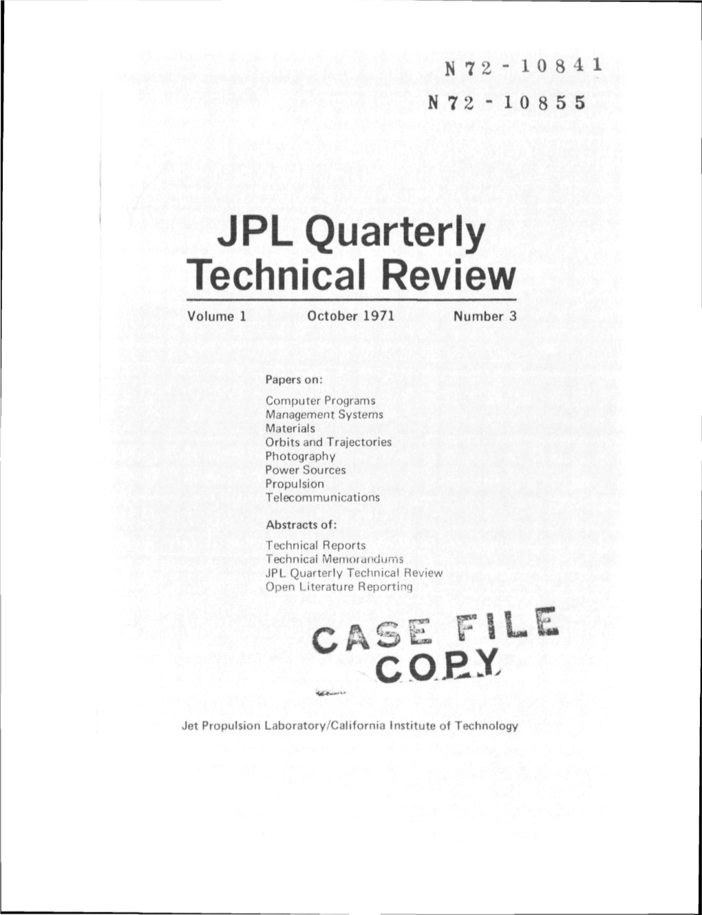 JPL Quarterly Technical Review Volume 1 October 1971 Number 3