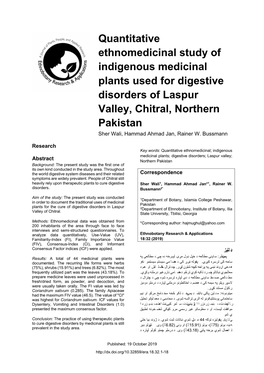 Quantitative Ethnomedicinal Study of Indigenous Medicinal Plants Used for Digestive