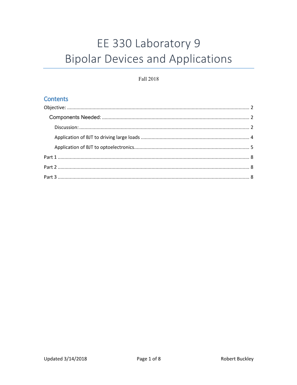 EE 330 Laboratory 9 Bipolar Devices and Applications