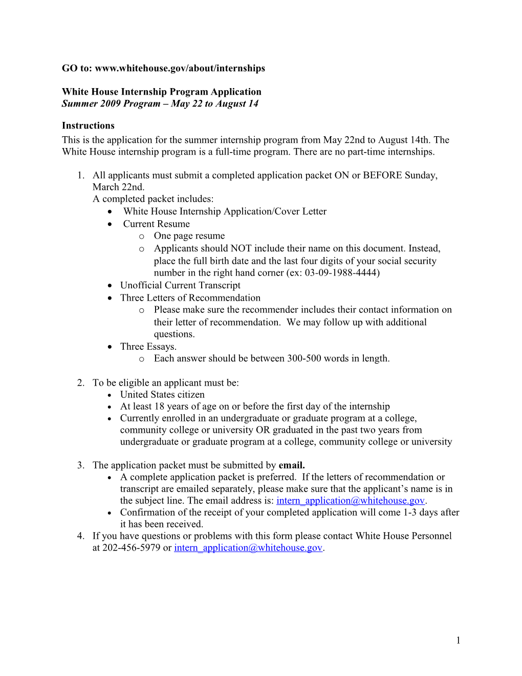 White House Internship Program Application