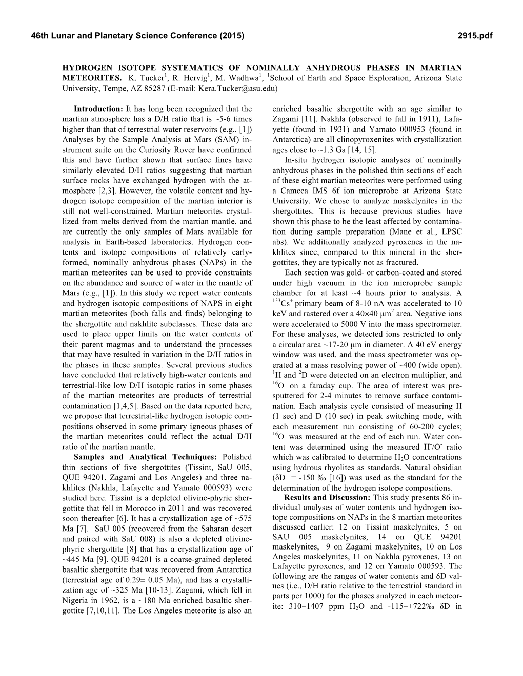 Hydrogen Isotope Systematics of Nominally Anhydrous Phases in Martian Meteorites