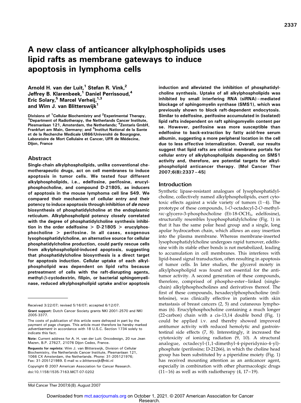 A New Class of Anticancer Alkylphospholipids Uses Lipid Rafts As Membrane Gateways to Induce Apoptosis in Lymphoma Cells