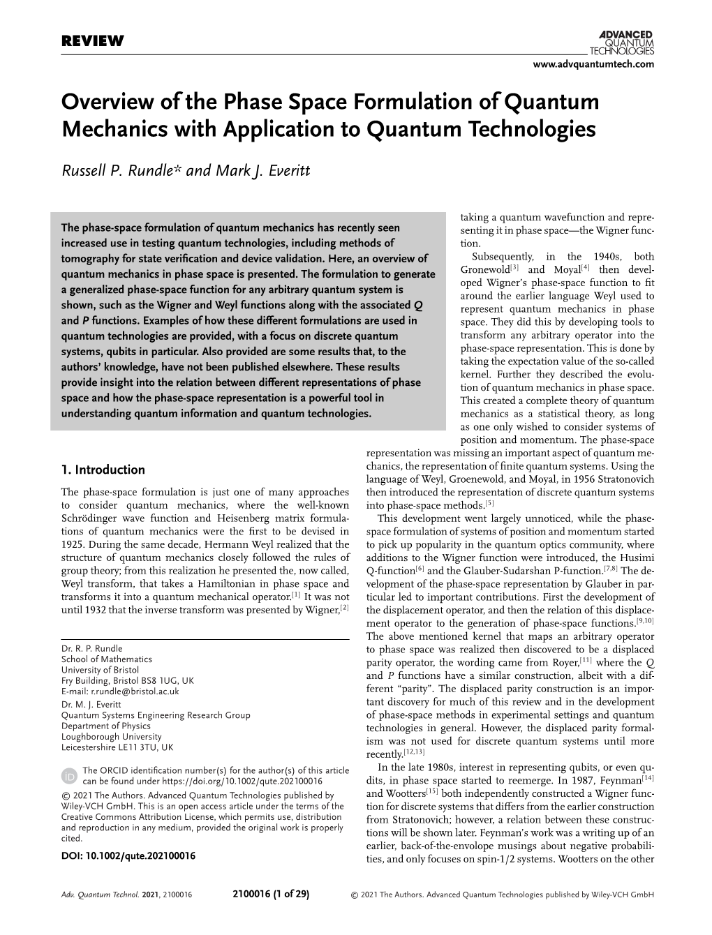 Overview of the Phase Space Formulation of Quantum Mechanics with Application to Quantum Technologies