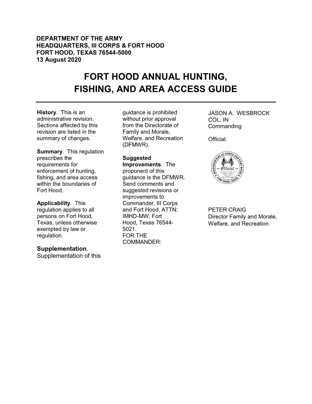 2020-2021 Fort Hood Hunting, Fishing and Area Access Guide