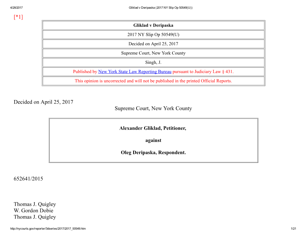 Gliklad V Deripaska (2017 NY Slip Op 50549(U)) [*1] Gliklad V Deripaska 2017 NY Slip Op 50549(U) Decided on April 25, 2017