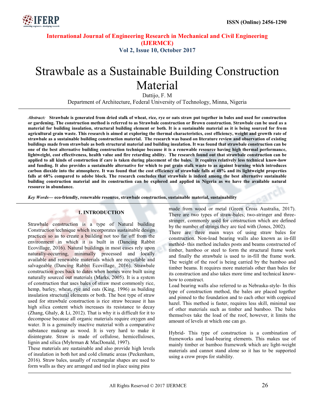 Strawbale As a Sustainable Building Construction Material Dattijo, F