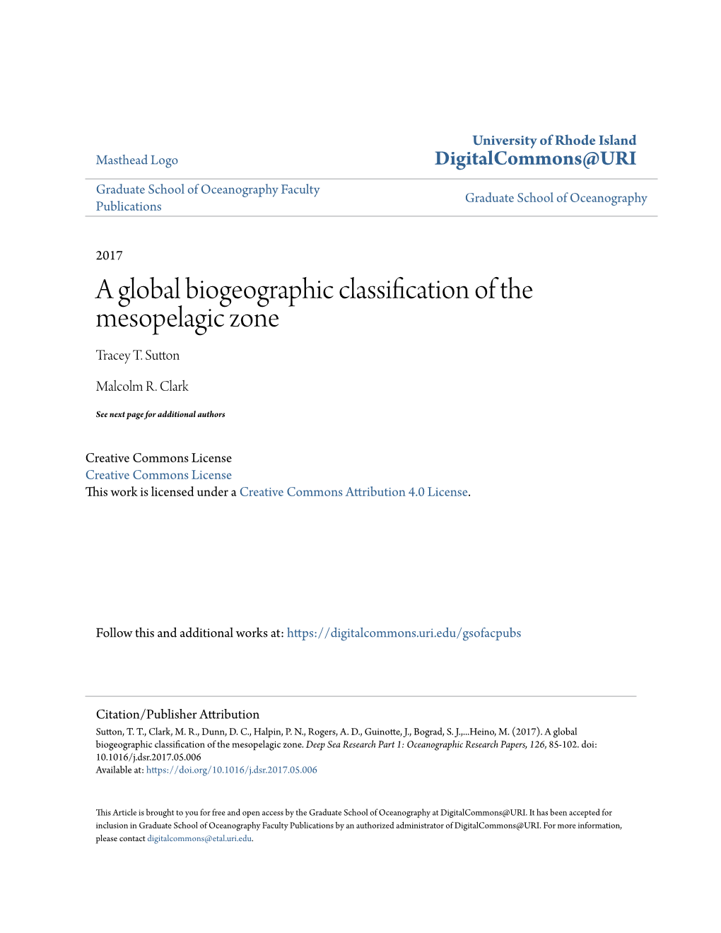 A Global Biogeographic Classification of the Mesopelagic Zone Tracey T