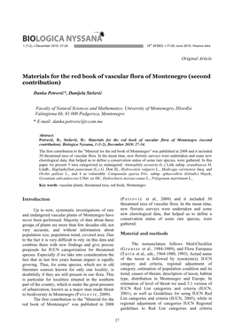 Materials for the Red Book of Vascular Flora of Montenegro (Second Contribution)