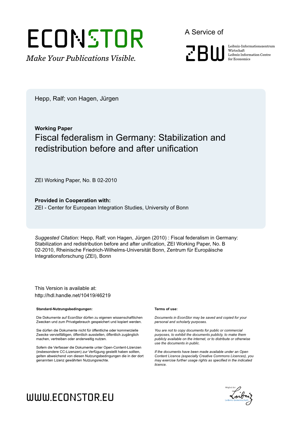 Fiscal Federalism in Germany: Stabilization and Redistribution Before and After Unification