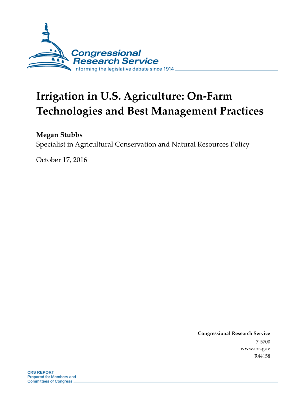 Irrigation in U.S. Agriculture: On-Farm Technologies and Best Management Practices
