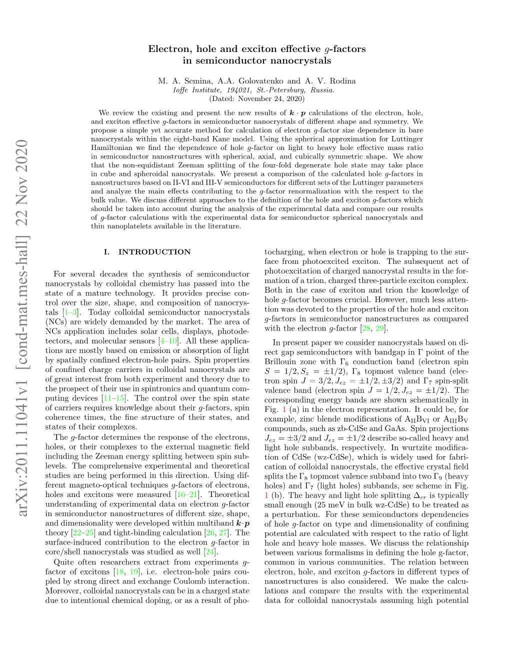 Arxiv:2011.11041V1 [Cond-Mat.Mes-Hall] 22 Nov 2020 in Semiconductor Nanostructures of Diﬀerent Size, Shape, a Perturbation