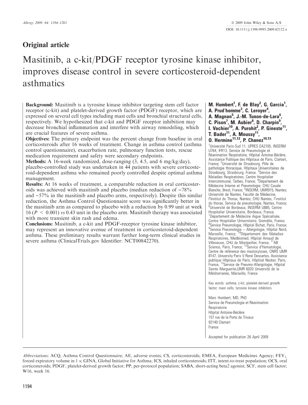 Masitinib, a C-Kit/PDGF Receptor Tyrosine Kinase Inhibitor, Improves Disease Control in Severe Corticosteroid-Dependent Asthmatics