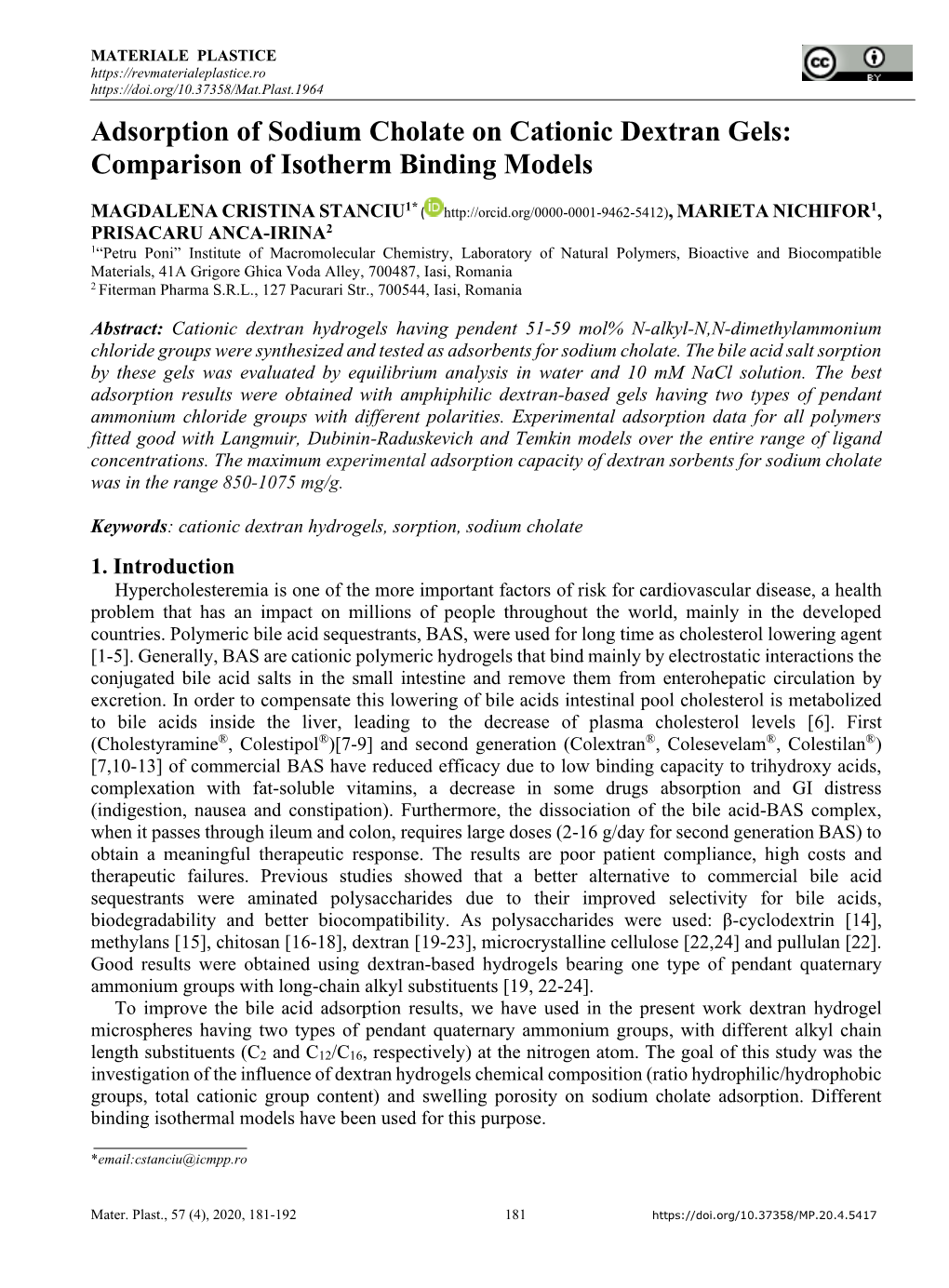 Adsorption of Sodium Cholate on Cationic Dextran Gels: Comparison of Isotherm Binding Models