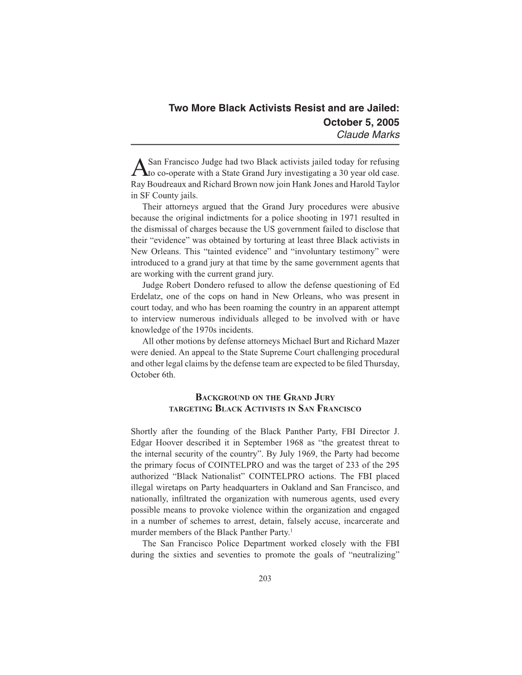 Two More Black Activists Resist and Are Jailed: October 5, 2005 Claude Marks