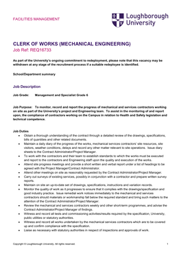 CLERK of WORKS (MECHANICAL ENGINEERING) Job Ref: REQ16733