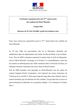 Lire Le Discours De M. Eric MAIRE, Préfet De La Haute-Loire