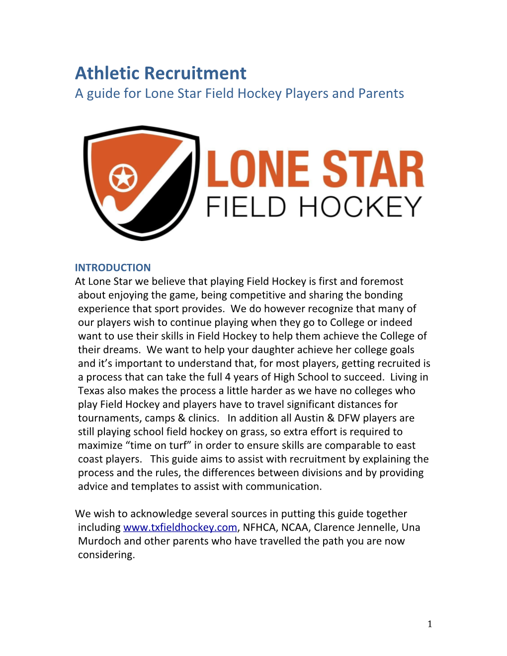 Athletic Recruitment a Guide for Lone Star Field Hockey Players and Parents