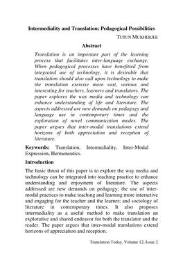 Intermediality and Translation: Pedagogical Possibilities