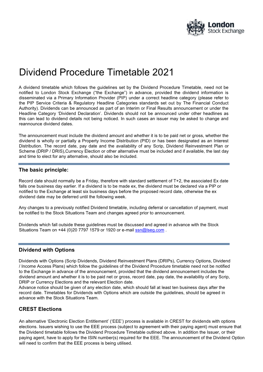 Dividend Procedure Timetable 2021
