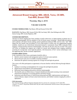 Advanced Breast Imaging: MBI, ABUS, Tomo, CE-MRI, Fast-MRI, Breast PEM