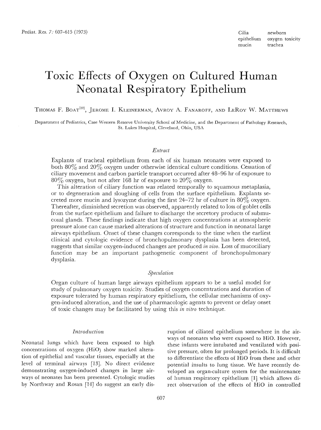 Toxic Effects of Oxygen on Cultured Human Neonatal Respiratory Epithelium