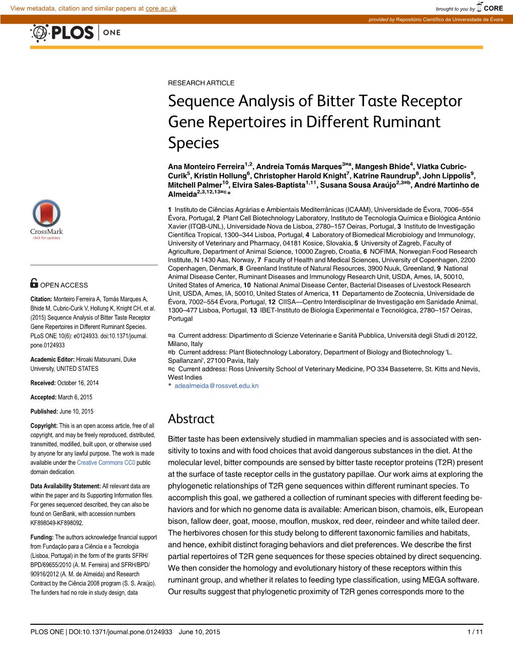 Sequence Analysis of Bitter Taste Receptor Gene Repertoires in Different Ruminant Species