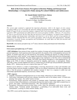 Role of the Extra Sensory Perception in Decision Making and Interpersonal Relationships- a Comparative Study Among Pre-School Children and Adolescences