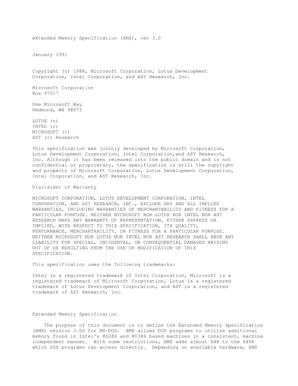 Extended Memory Specification (XMS), Ver 3.0