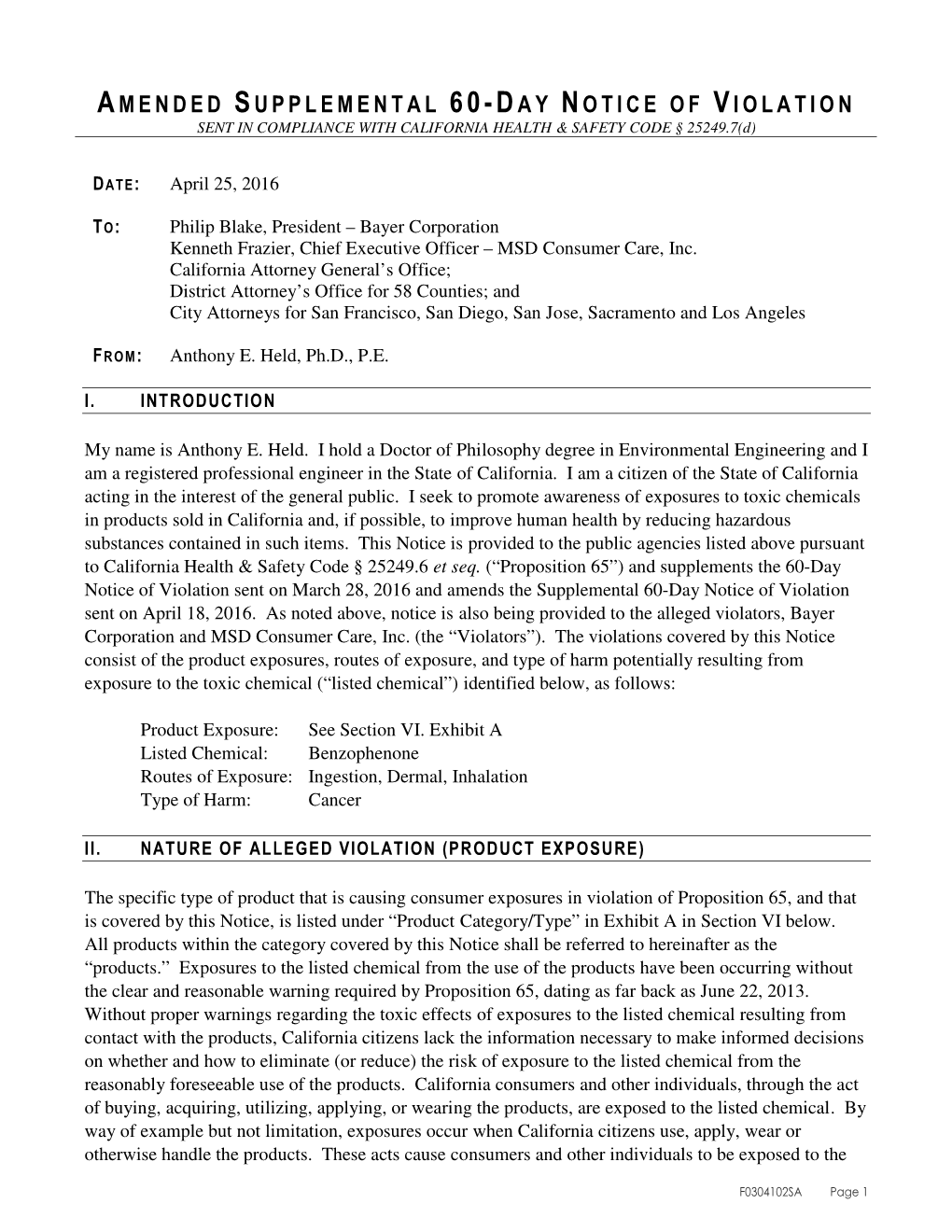 AMENDED SUPPLEMENTAL 60-DAY NOTICE of VIOLATION SENT in COMPLIANCE with HEALTH & SAFETY CODE § 25249.7(D);