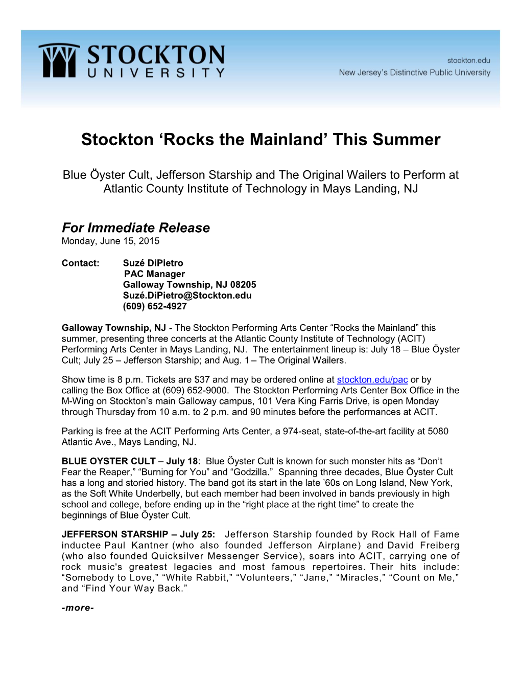 Stockton 'Rocks the Mainland'