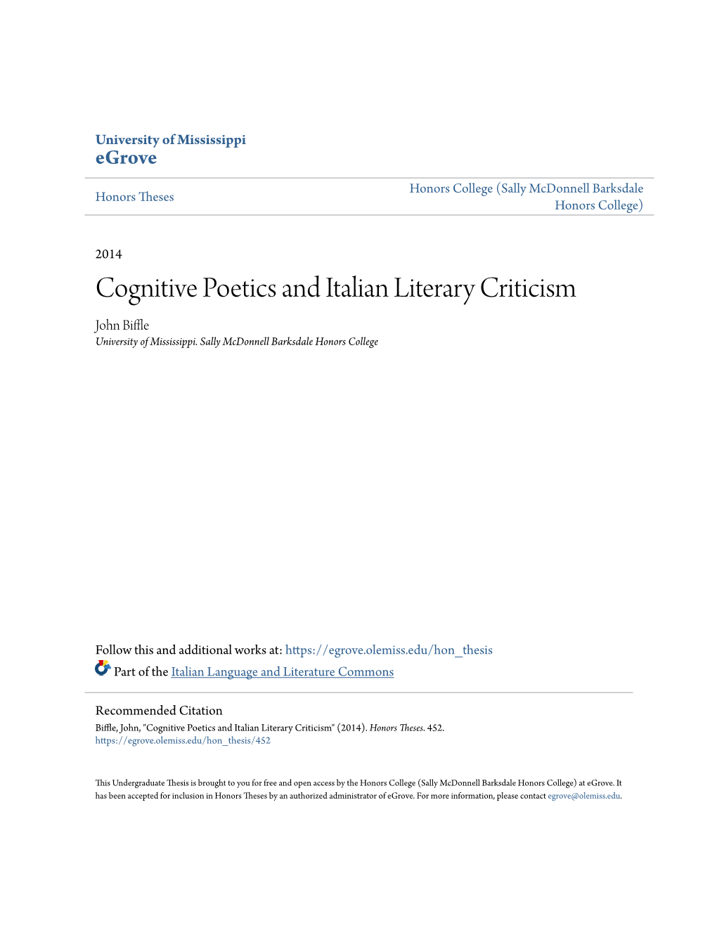 Cognitive Poetics and Italian Literary Criticism John Biffle University of Mississippi