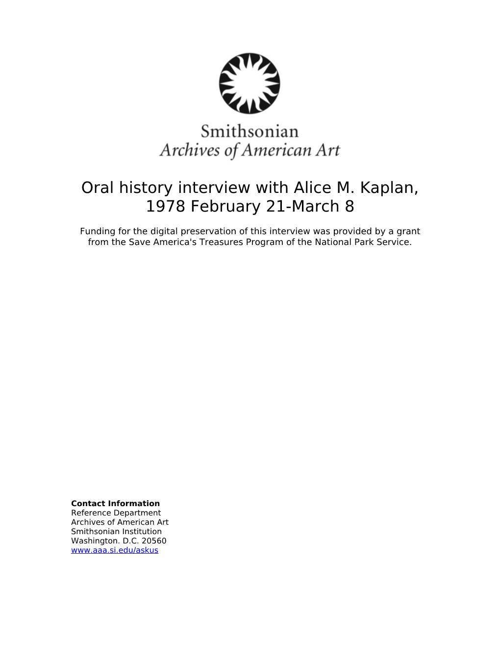 Oral History Interview with Alice M. Kaplan, 1978 February 21-March 8