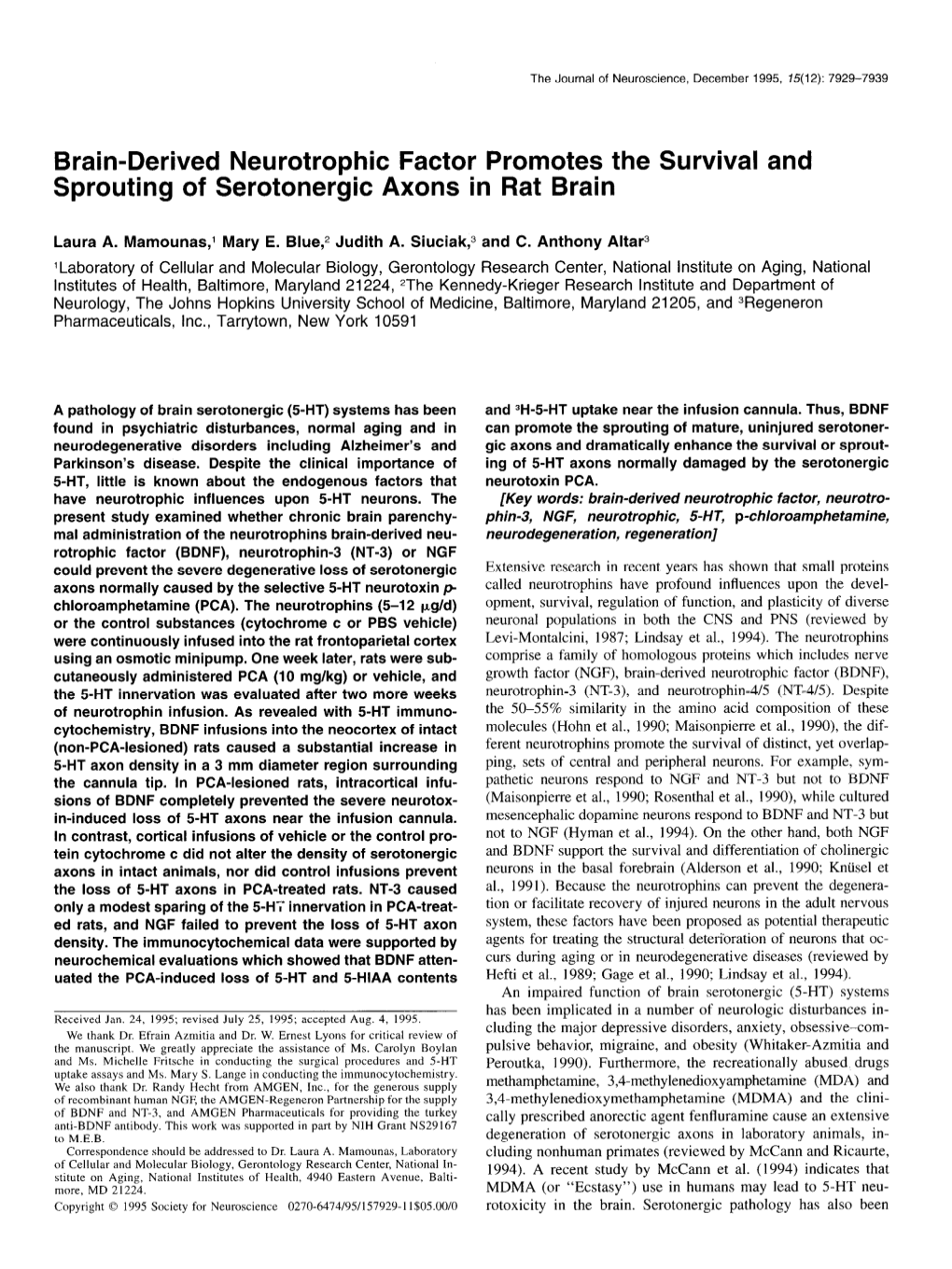 Brain-Derived Neurotrophic Factor Promotes the Survival and Sprouting of Serotonergic Axons in Rat Brain