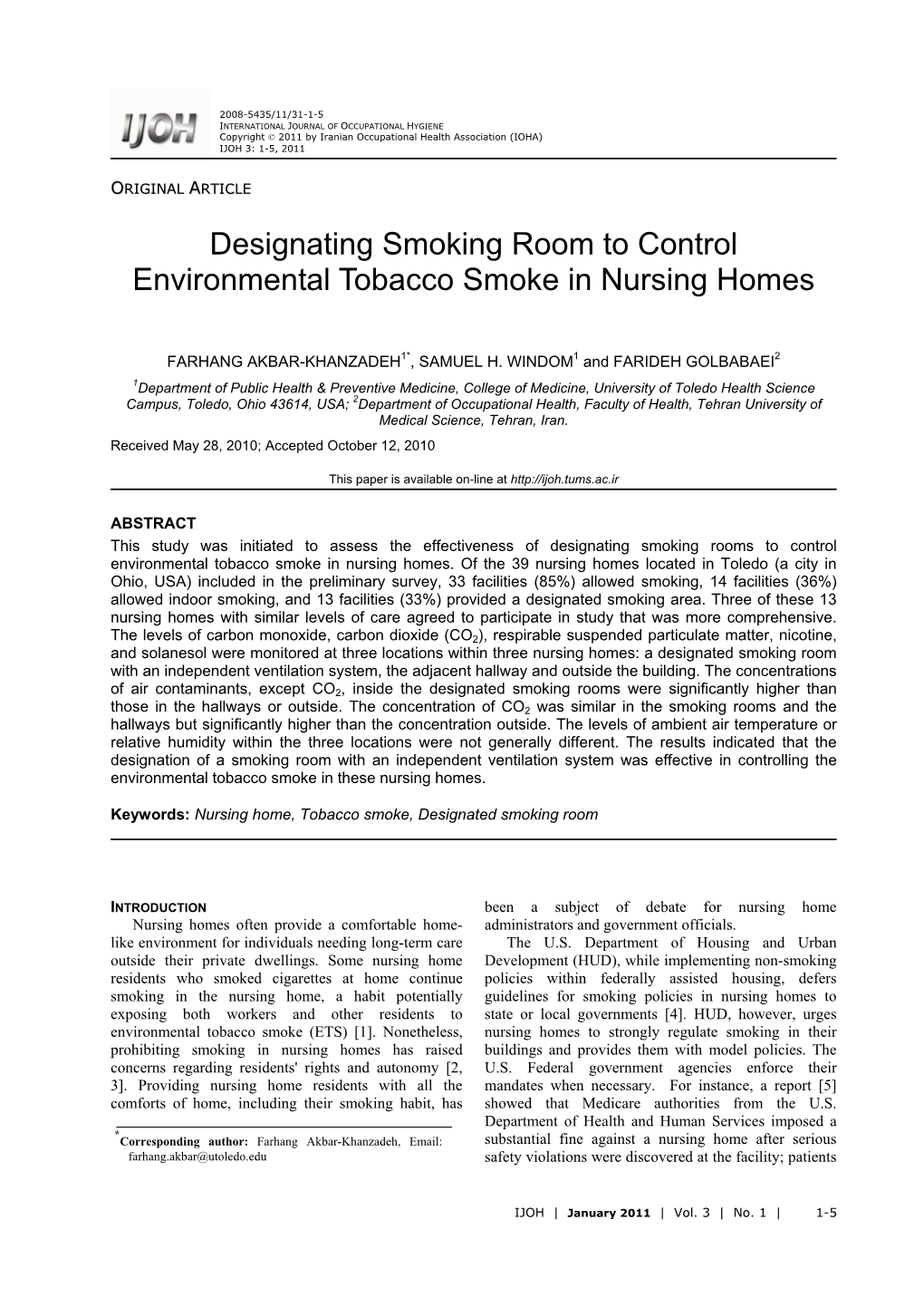 Designating Smoking Room to Control Environmental Tobacco Smoke in Nursing Homes