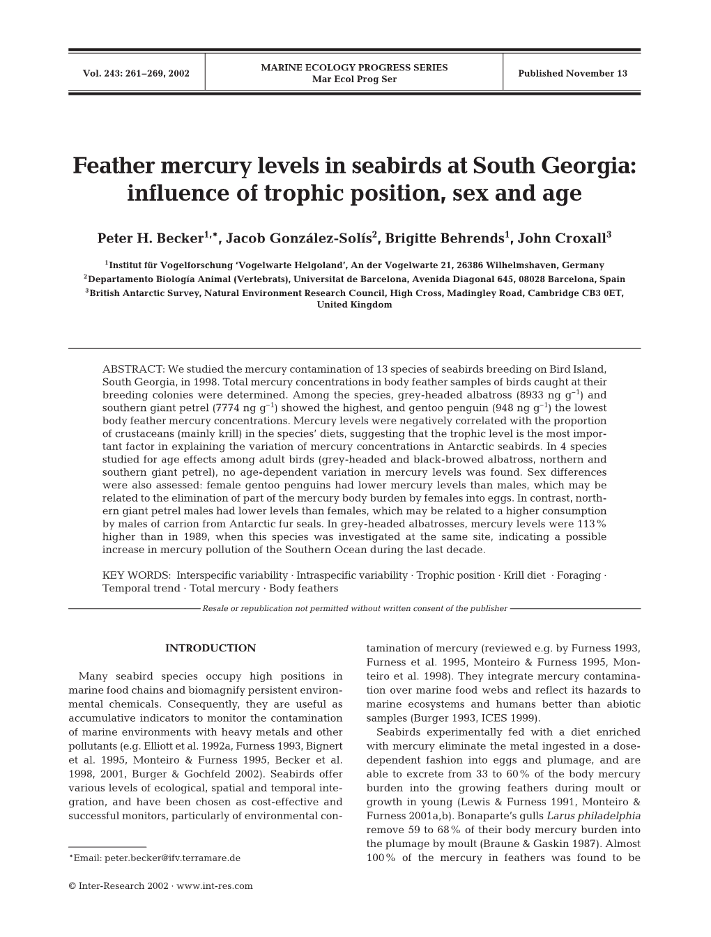 Feather Mercury Levels in Seabirds at South Georgia: Influence of Trophic Position, Sex and Age