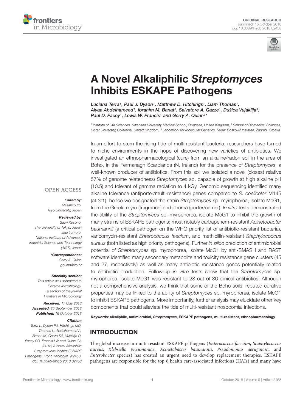 A Novel Alkaliphilic Streptomyces Inhibits ESKAPE Pathogens