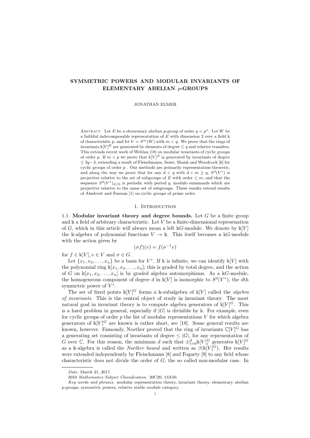 SYMMETRIC POWERS and MODULAR INVARIANTS of ELEMENTARY ABELIAN P-GROUPS