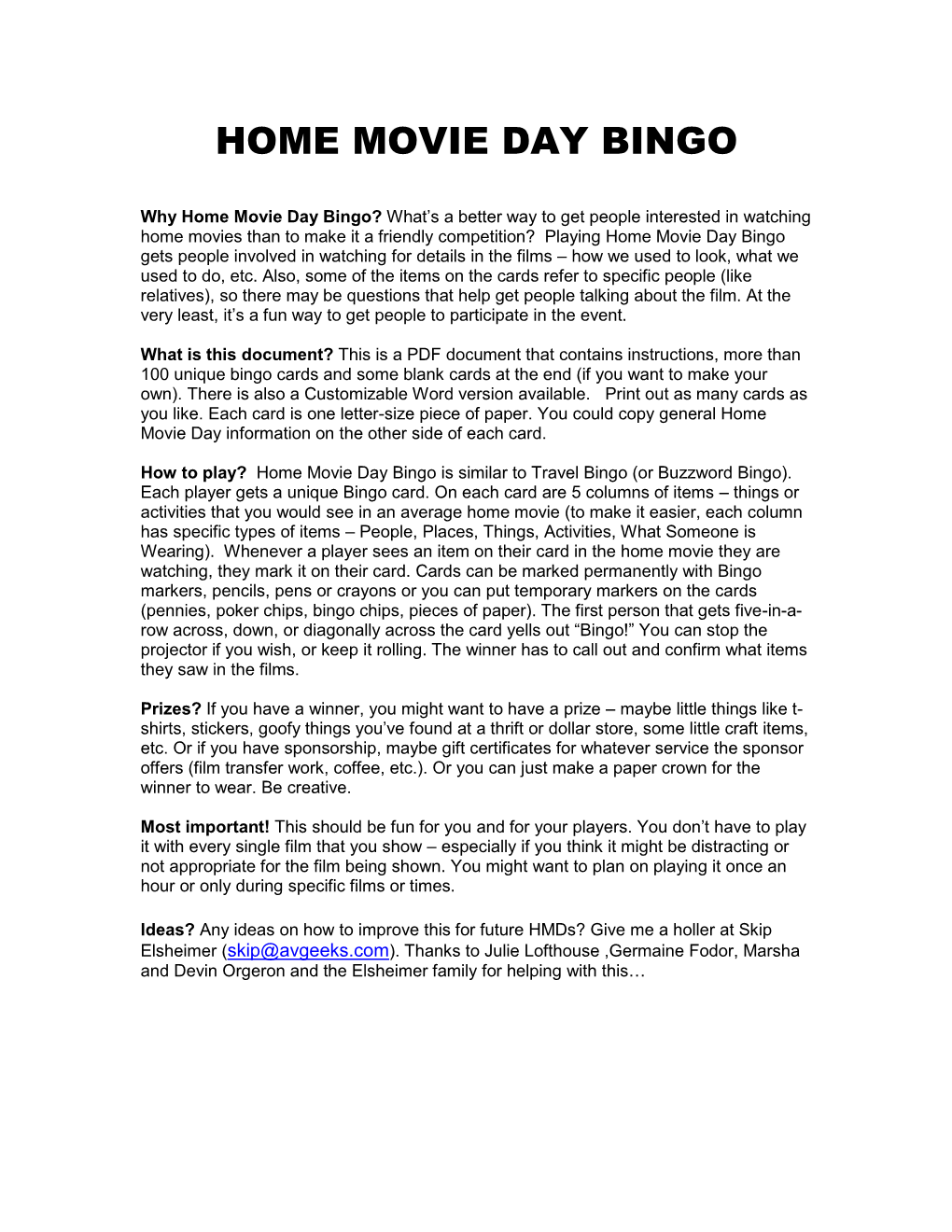 Home Movie Day Bingo