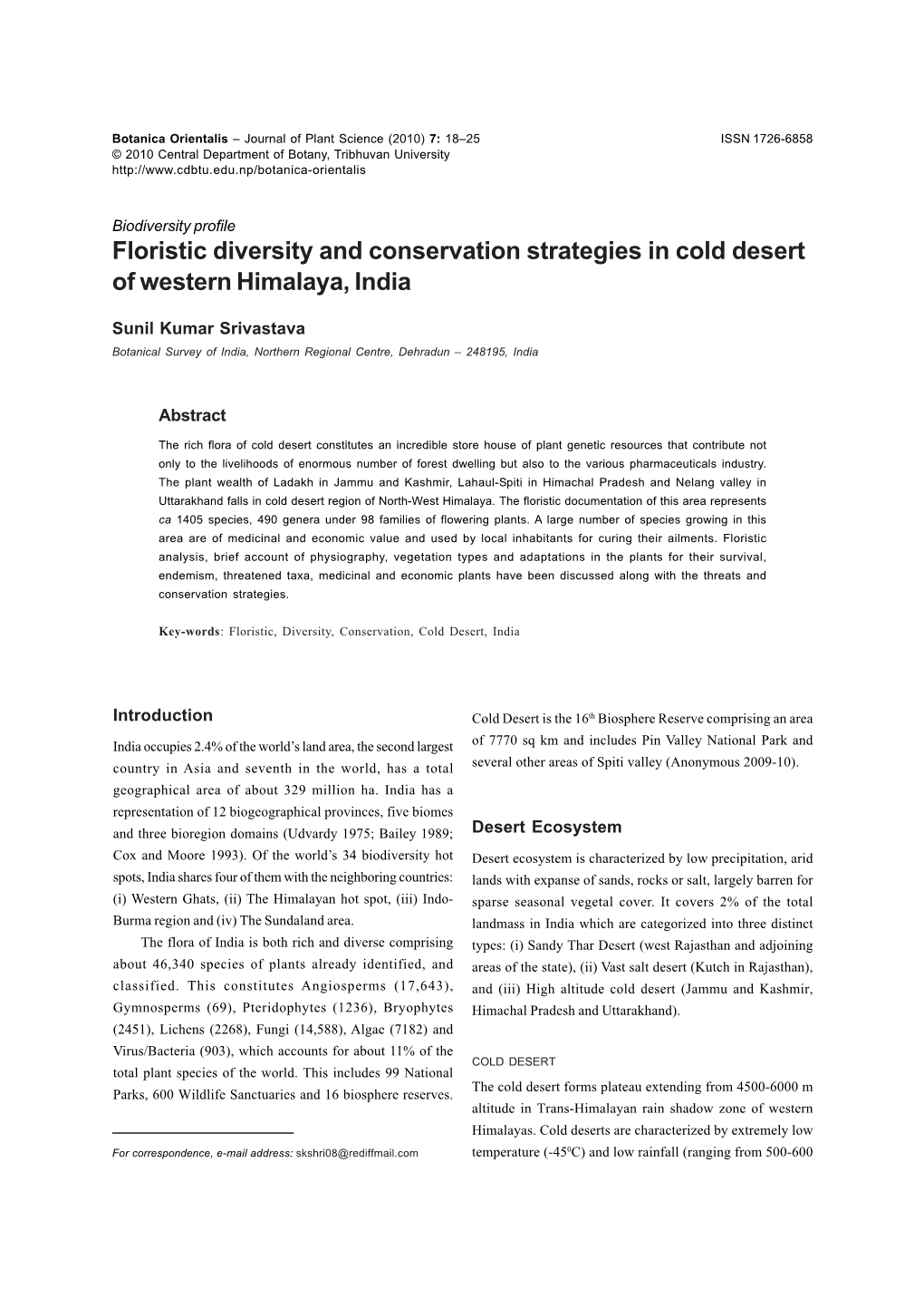 Floristic Diversity and Conservation Strategies in Cold Desert of Western Himalaya, India