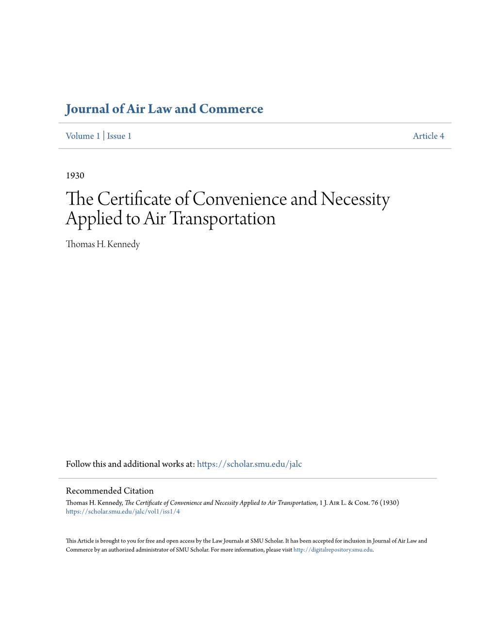 The Certificate of Convenience and Necessity Applied to Air Transportation, 1 J