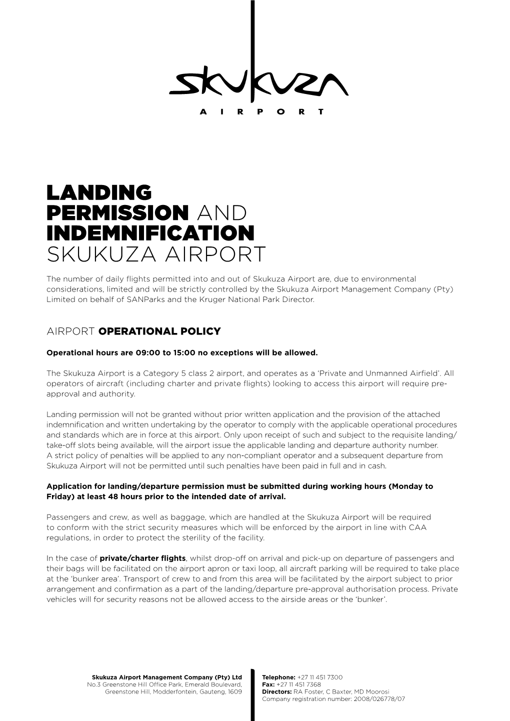 Landing Permission and Indemnification Skukuza Airport