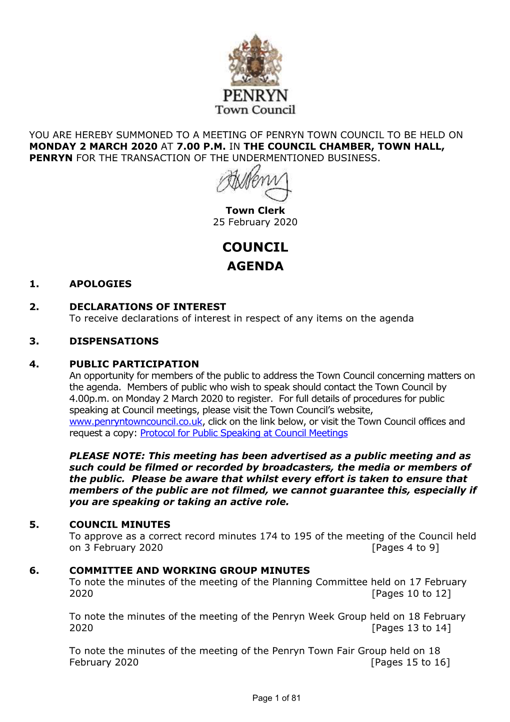 Penryn Town Council to Be Held on Monday 2 March 2020 at 7.00 P.M