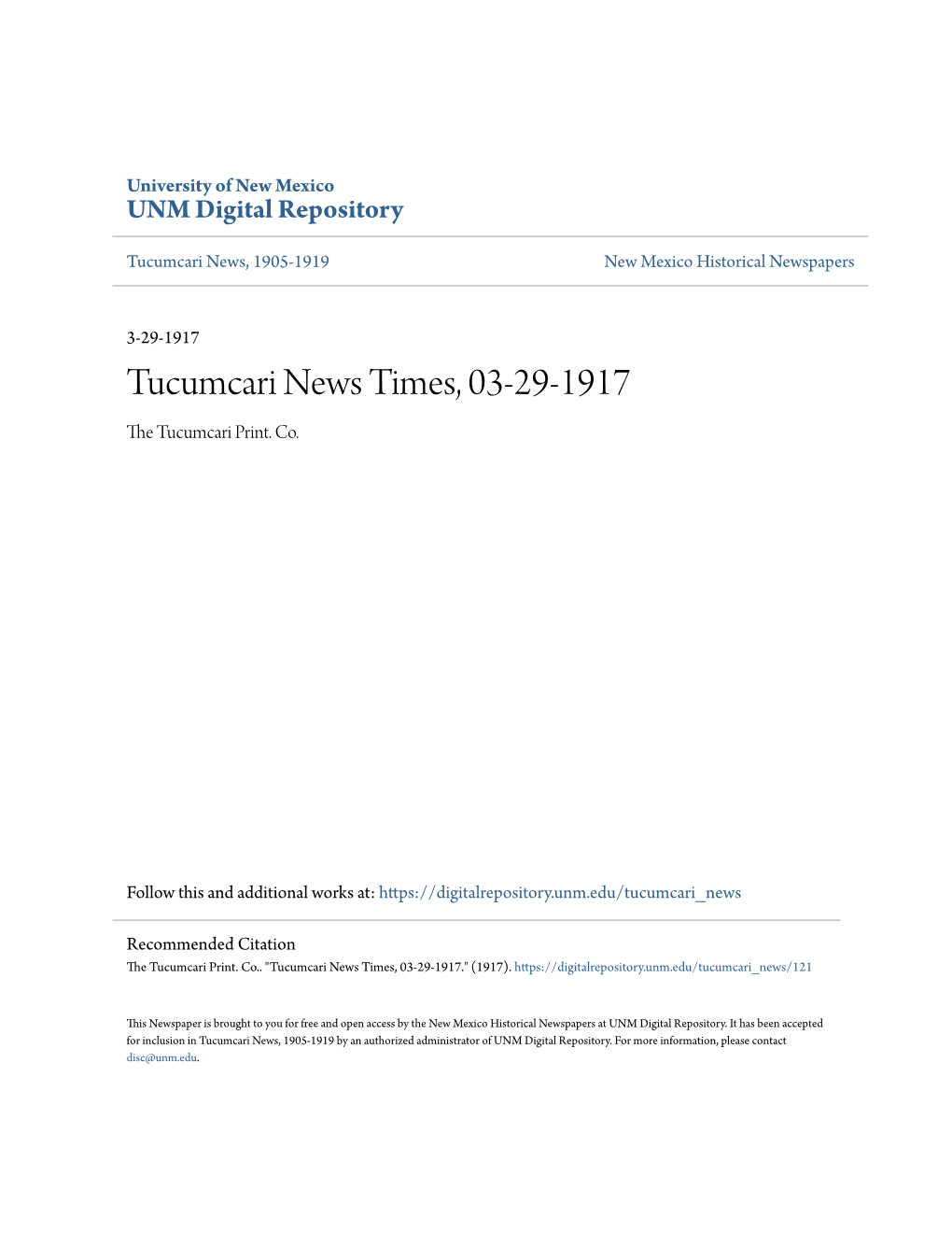 Tucumcari News Times, 03-29-1917 the Uct Umcari Print