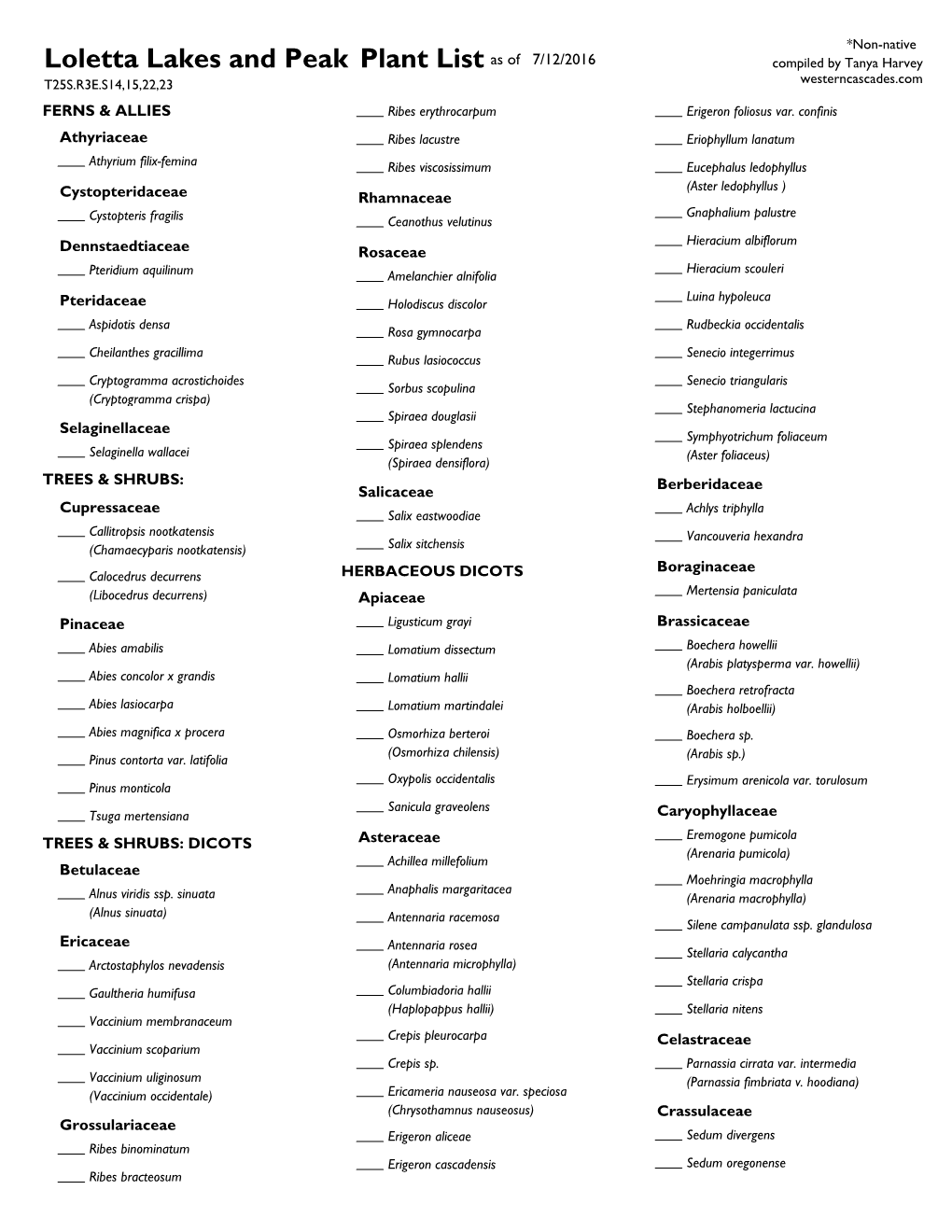 Plant List Loletta Lakes and Peak